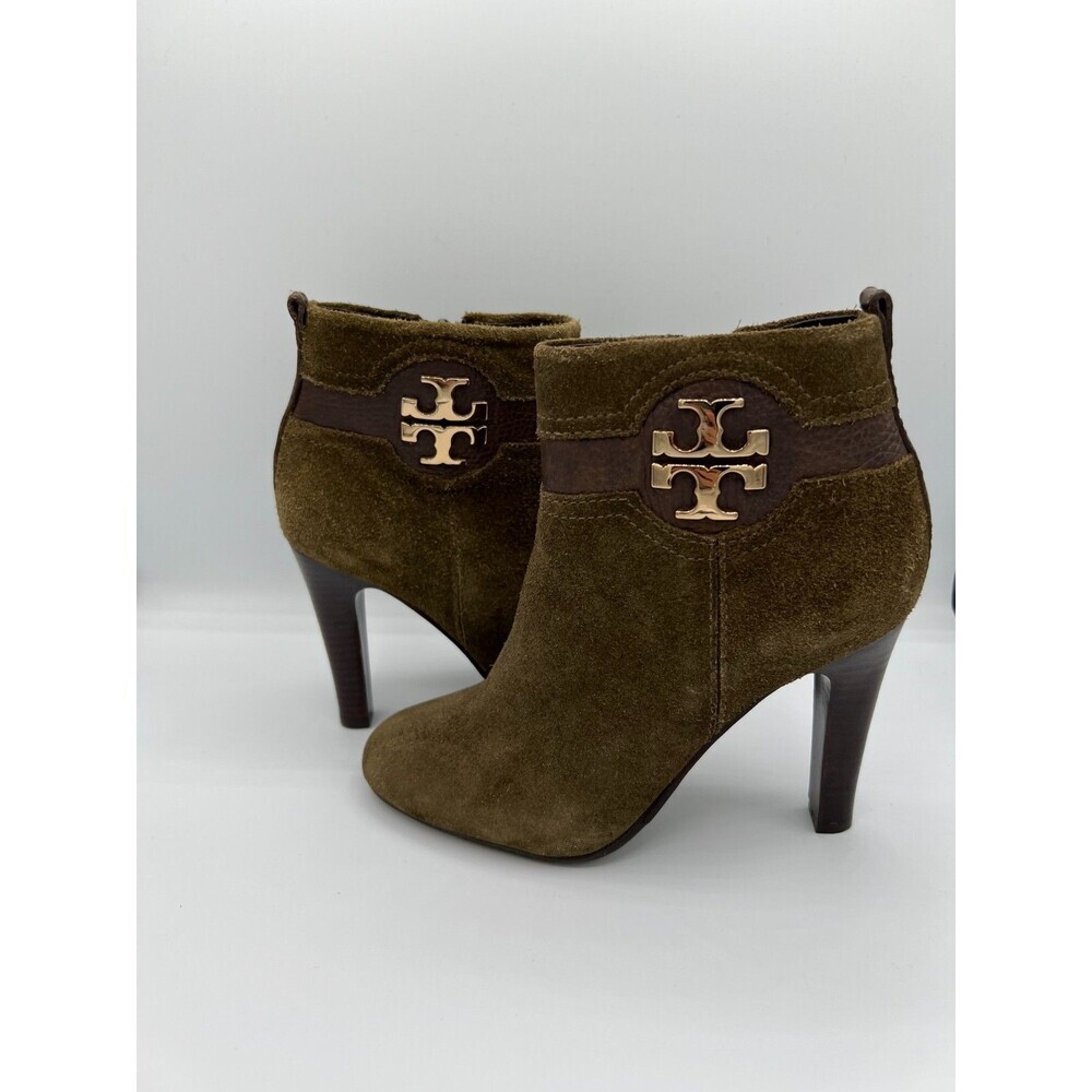 Tory Burch Suede Ankle Booties Brown Gold Logo Heels Womens Size 5.5